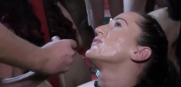  Babes face jizz covered during blowbang